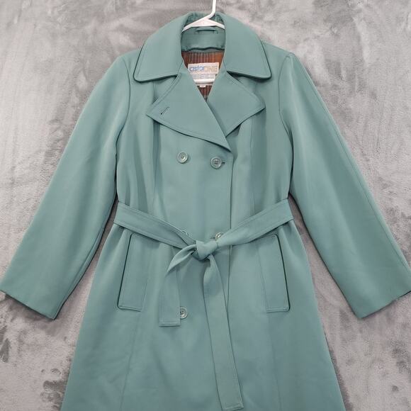 Vintage AstorOne Woven Polyester Belted Trench Coat Size 12 Green Zip Out Liner - Picture 2 of 10